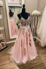 Pink Tulle Lace Long Prom Dresses, Lovely A-Line Evening Dresses