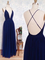 Simple A-line V Neck Navy Blue Long Prom Dress