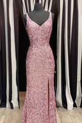 Gorgeous Mermaid V-Neck Pearl Pink Long Prom Dress Outfits For Women with Slit