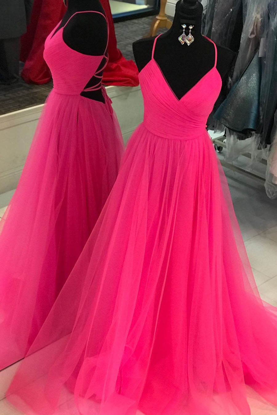 V Neck A-line Hot Pink Long Prom Dress Outfits For Women with Lace-up Back