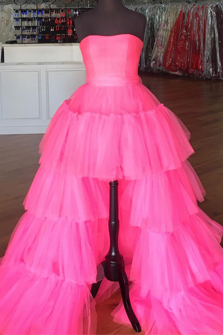 Elegant Strapless Layered Hot Pink Long Prom Dress Outfits For Women with Slit