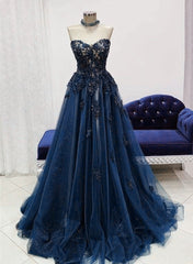 Navy Blue Tulle With Lace Sweetheart Long Formal Dress Outfits For Girls, Blue Long Prom Dress