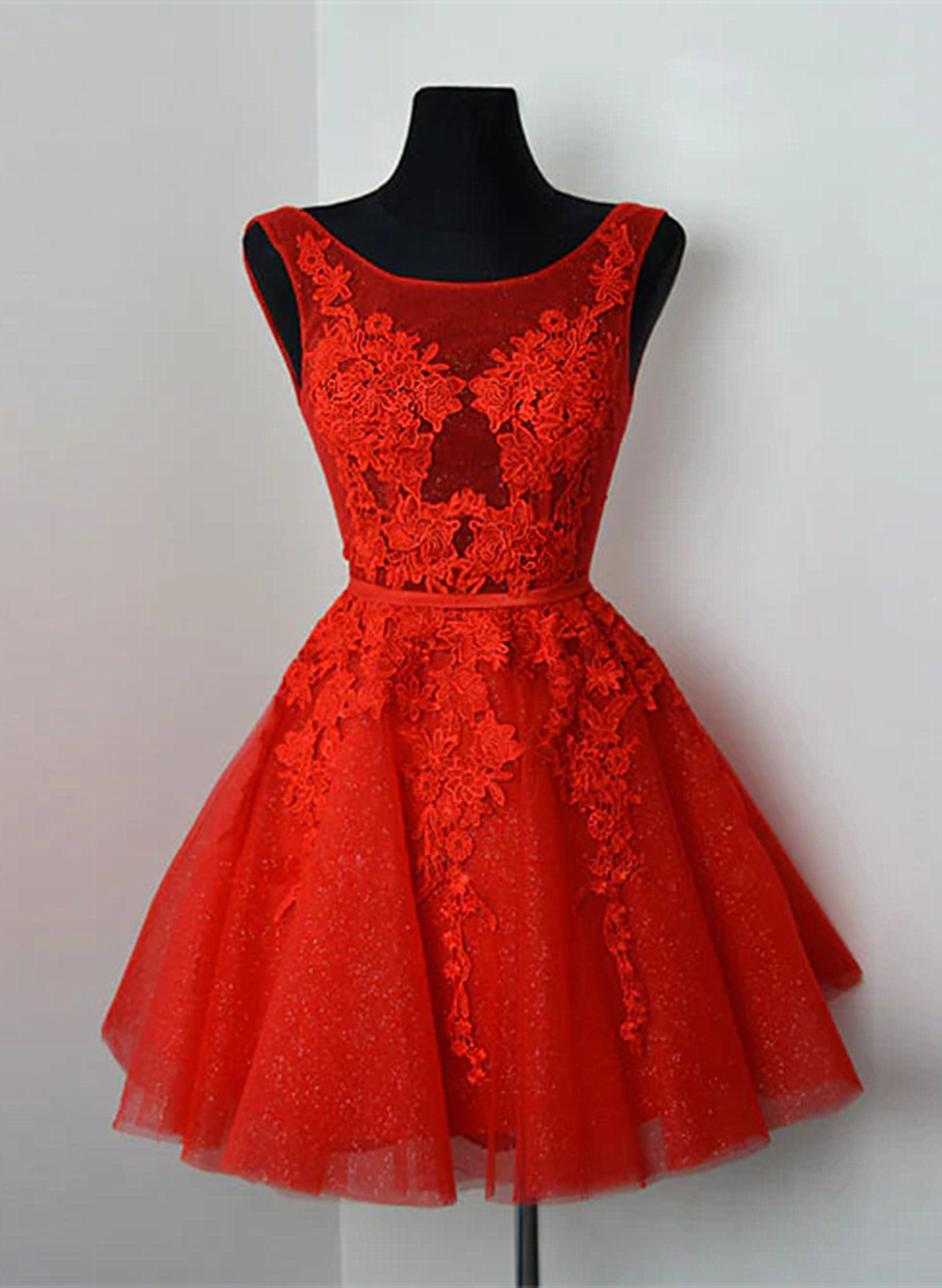 Red Lace Round Neckline Short Party Dress Outfits For Girls, Red Short Homecoming Dress