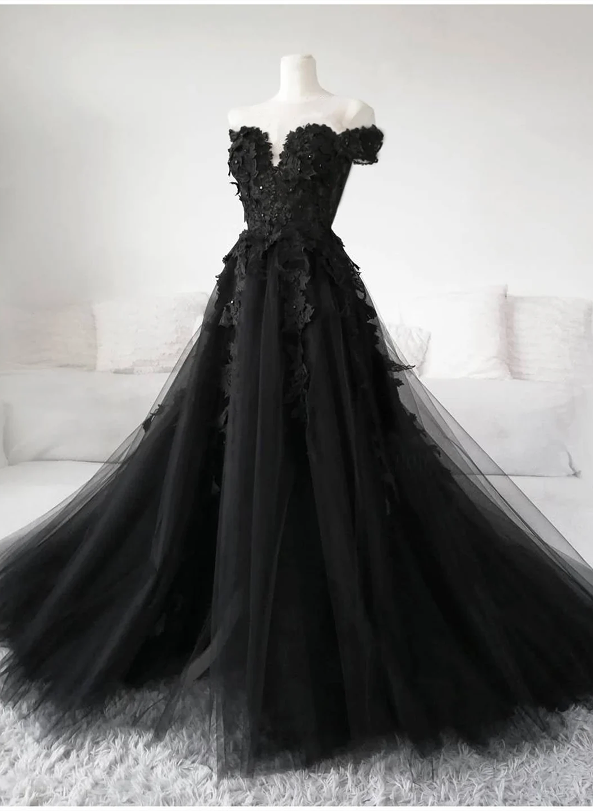 Black Off Shoulder Tulle Long Evening Dress Outfits For Women Prom Dress Outfits For Girls, Black Lace Formal Dress