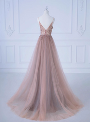 Pink V-Neckline Beaded Straps Long Party Dress Outfits For Girls, A-Line Pink Tulle Floor Length Prom Dress