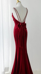 Wine Red Velvet Low Back Straps Long Party Dress Outfits For Girls, Wine Red Wedding Party Dress