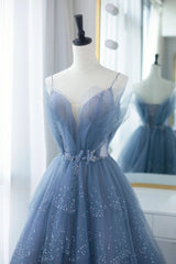 Blue Tulle Long A-Line Prom Dresses, Blue Evening Dresses with Beaded
