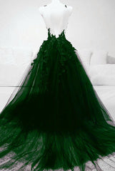 Dark Green Tulle With Lace Deep Neckline Backless Prom Dress Outfits For Girls, Dark Green Party Dress