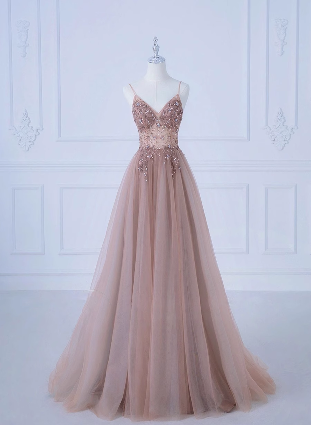 Pink V-Neckline Beaded Straps Long Party Dress Outfits For Girls, A-Line Pink Tulle Floor Length Prom Dress