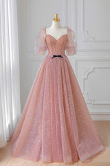 Pink Tulle Floor Length Prom Dress, Lovely Short Sleeve Graduation Party Dress