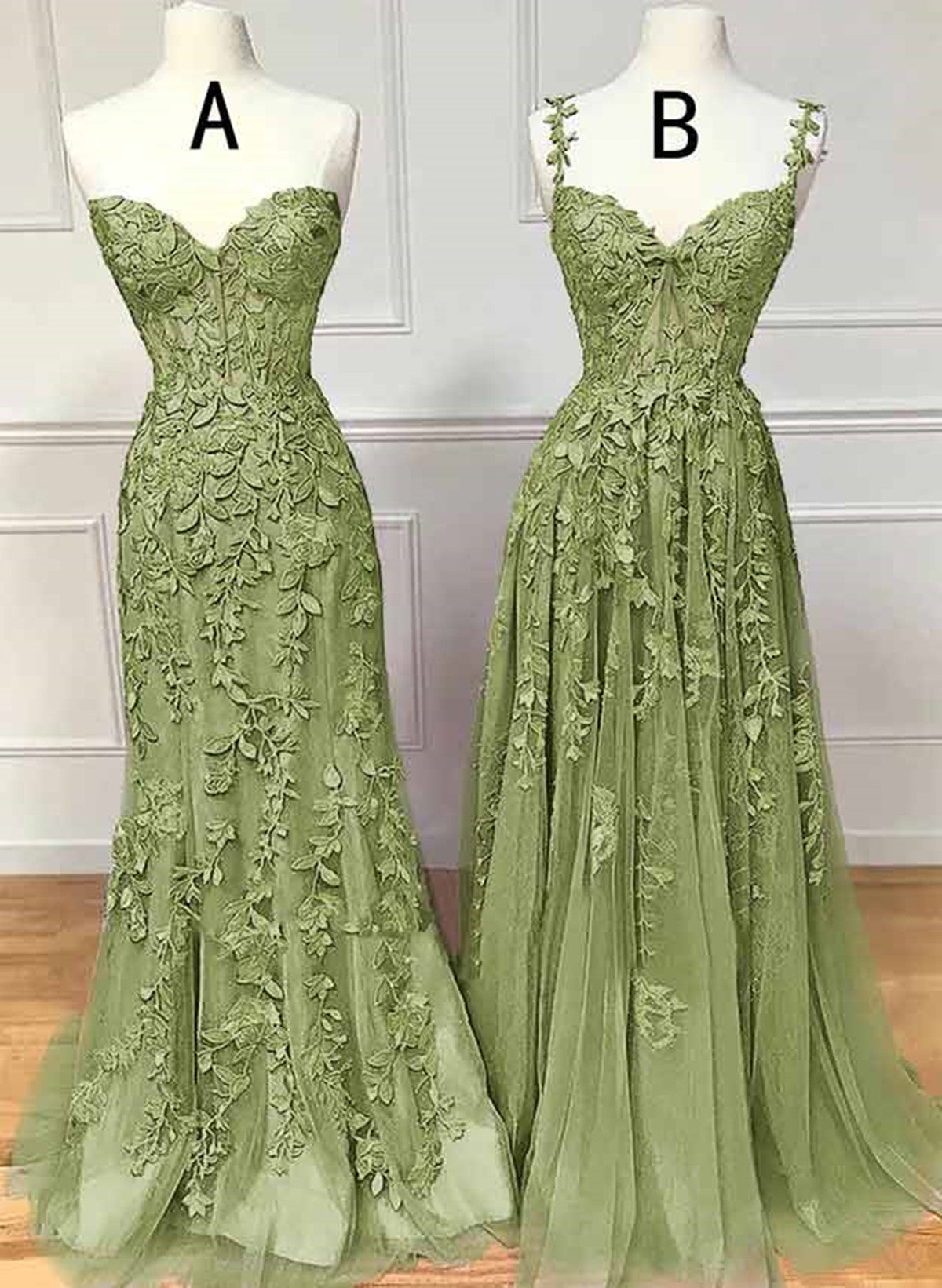 Lovely Sage Green Tulle With Lace Long Formal Dress Outfits For Girls, Sweetheart Prom Dress
