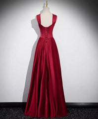 A-Line Sleeveless Wine Red Satin Evening Dress Outfits For Girls, Wine Red Long Prom Dress