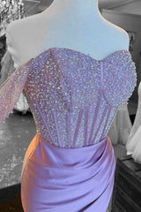 Lilac Beaded Off-the-Shoulder Long Formal Dress with Slit