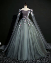 Gray Green Tulle Lace Long Prom Dress, Gray Tulle Formal Dress
