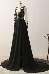 Black Long Sleeves Chiffon With Lace Evening Dress Outfits For Girls, Black A-Line Party Dress Outfits For Women With Leg Slit