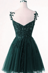 V-Neckline Dark Green Tulle With Lace Short Homecoming Dress Outfits For Girls, Green Short Prom Dress