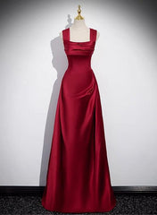 A-Line Sleeveless Wine Red Satin Evening Dress Outfits For Girls, Wine Red Long Prom Dress