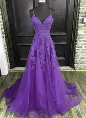 V-Neckline Purple A-Line Straps Long Prom Dress Outfits For Girls, Purple Long Evening Dress Outfits For Women Party Dress