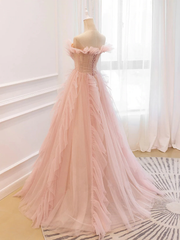 Pink Tulle Off The Shoulder A-Line Tulle Ruffles Floor-Length Prom Dress Outfits For Girls, Pink Long Party Dress