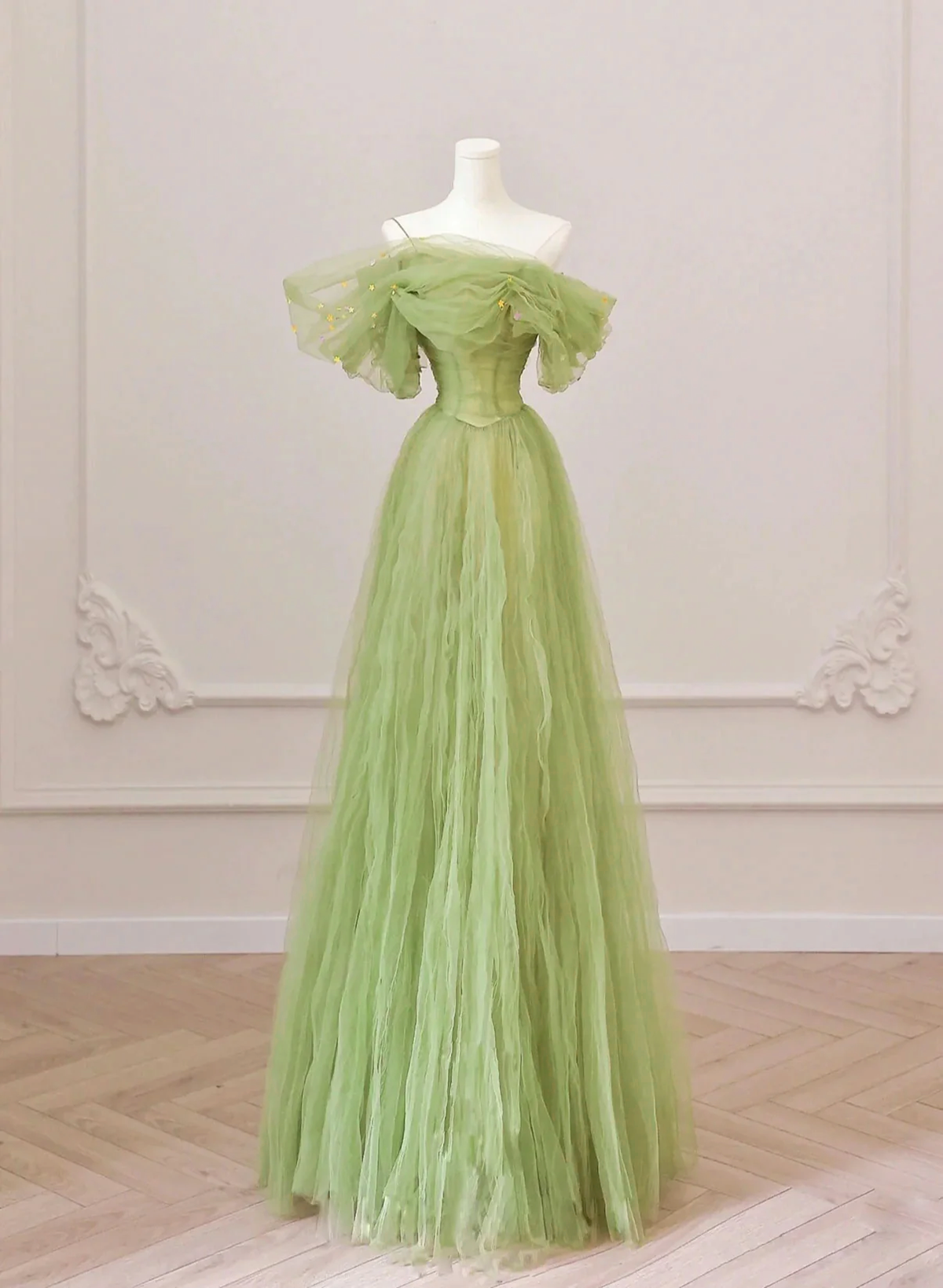 Green Floor Length Simple Off Shoulder Long Formal Dress Outfits For Girls, Green A-Line Prom Dress