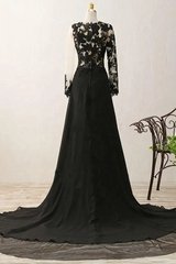 Black Long Sleeves Chiffon With Lace Evening Dress Outfits For Girls, Black A-Line Party Dress Outfits For Women With Leg Slit