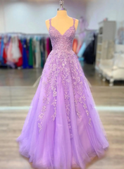 A-Line Tulle Princess Light Purple Prom Dress Outfits For Women With Appliques, Tulle Straps Formal Dress