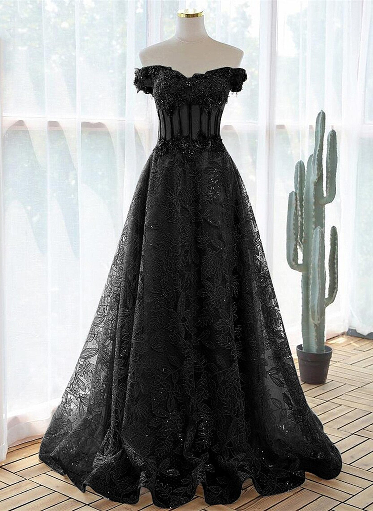 A-Line Off Shoulder Black Tulle With Lace Party Dress Outfits For Girls, Black Long Prom Dress