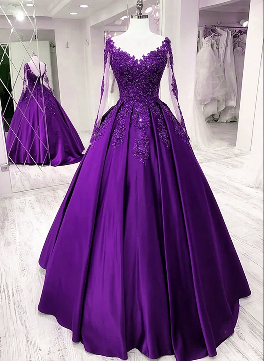 Purple Satin Long Sleeves Prom Dress Outfits For Women Formal Dress Outfits For Girls, Lace Applique Sweet 16 Dress