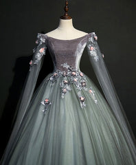 Gray Green Tulle Lace Long Prom Dress, Gray Tulle Formal Dress