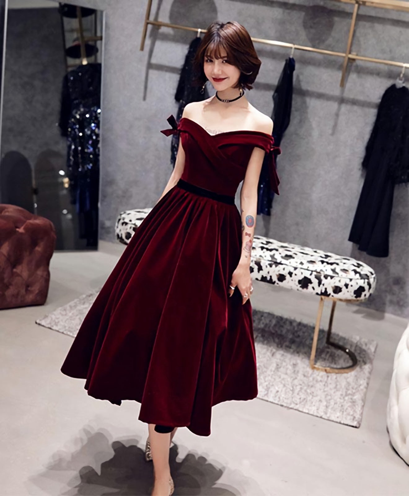 Burgundy Short Prom Dress, Burgundy Evening Dress