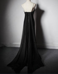 Black Soft Satin A-Line Floor Length Prom Dress Outfits For Girls, Black Straps Long Evening Dress