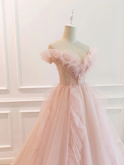 Pink Tulle Off The Shoulder A-Line Tulle Ruffles Floor-Length Prom Dress Outfits For Girls, Pink Long Party Dress