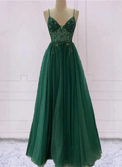 Green V-Neckline Beaded Tulle Floor Length Party Dress Outfits For Girls, A-Line Green Prom Dress