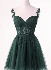 V-Neckline Dark Green Tulle With Lace Short Homecoming Dress Outfits For Girls, Green Short Prom Dress