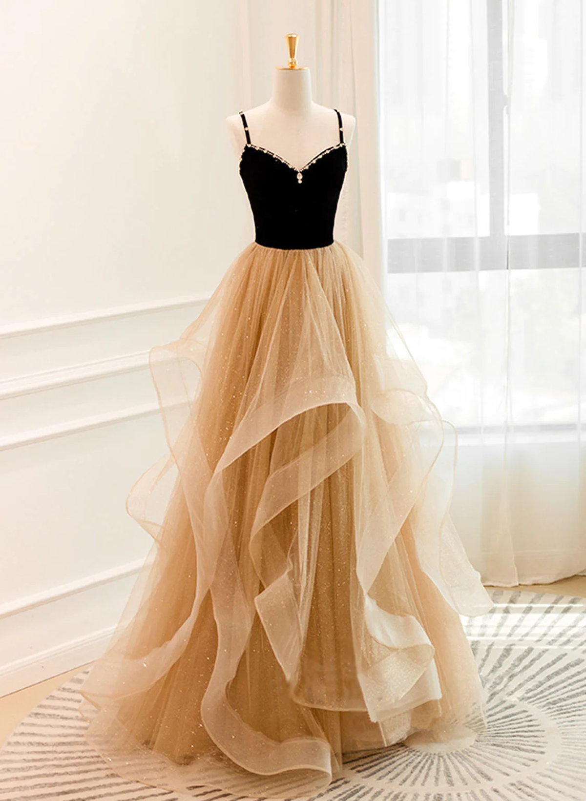 A-Line Champagne Tulle Sweetheart Beaded Long Prom Dress Outfits For Girls, Tulle Layers Party Dress