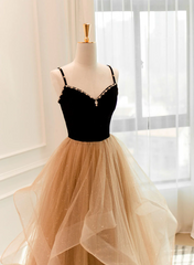A-Line Champagne Tulle Sweetheart Beaded Long Prom Dress Outfits For Girls, Tulle Layers Party Dress