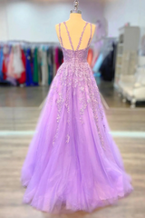 A-Line Tulle Princess Light Purple Prom Dress Outfits For Women With Appliques, Tulle Straps Formal Dress