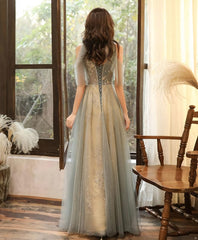 Green Tulle Hight Neck Tulle Lace Long Prom Dress, Tulle Formal Dress