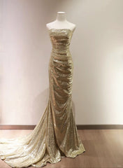 Gold Sequins Mermaid Scoop Long Evening Dress Outfits For Girls, Gold Long Prom Dress Outfits For Women Party Dress