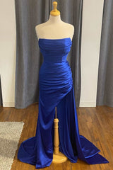 Blue Satin Strapless Mermaid Long Formal Dress with Slit