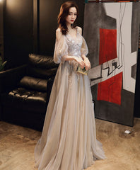 Champagne V Neck Tulle Lace Long Prom Dress, Champagne Formal Dress