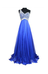 A Line Royal Blue Chiffon One Shoulder Beaded Prom Dresses