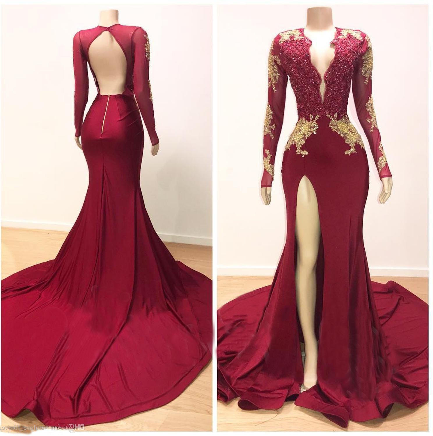 Sexy Sheath Burgundy And Gold Appliques Long Sleeves Side Slit V Neck Prom Dress 2024