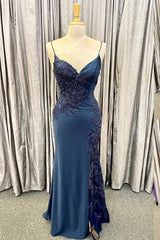 Elegant Navy Blue Long Prom Dress Outfits For Women with Lace Appliques