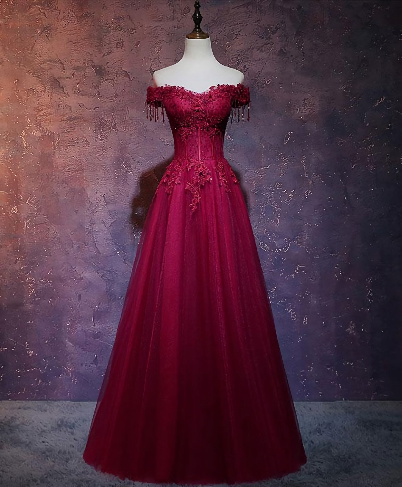 Burgundy Tulle Lace Off Shoulder Long Prom Dress, Burgundy Lace Evening Dress