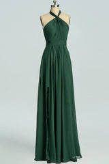 Halter Hunter Green Chiffon A-line Long Bridesmaid Dress