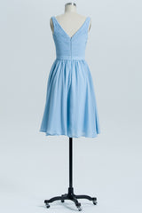 Blue Chiffon A-line Pleated Short Bridesmaid Dress