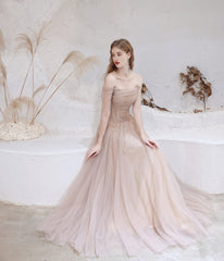 Evening Dress, Nude Color A Line Bateau Neck Floor Length Sequins Formal Party Dresses, Pageant Dress