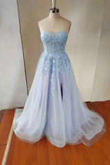 Blue Strapless Lace Long A-Line Prom Dress, Blue Evening Party Dress