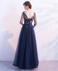 Dark Blue Tulle Lace Long Prom Dress, Blue Evening Dress